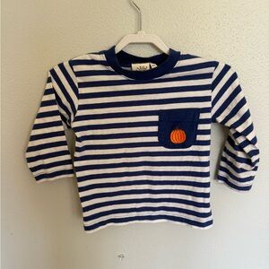 Navy & White Striped Long-Sleeve Tee with Pumpkin Pocket